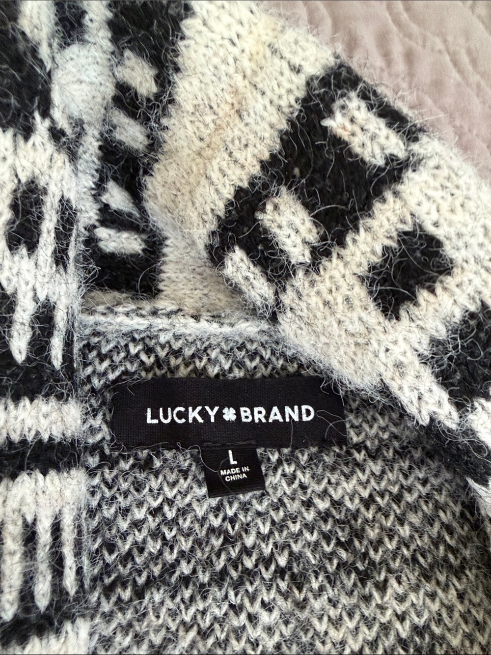 Lucky Brand Black and Cream Geometric Shawl Collar Cardigan size L for women - Picture 2 of 9
